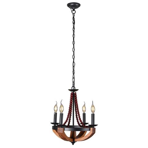 Chandelier Beaded Wooden Light with Wrought Iron Candlelight Holders