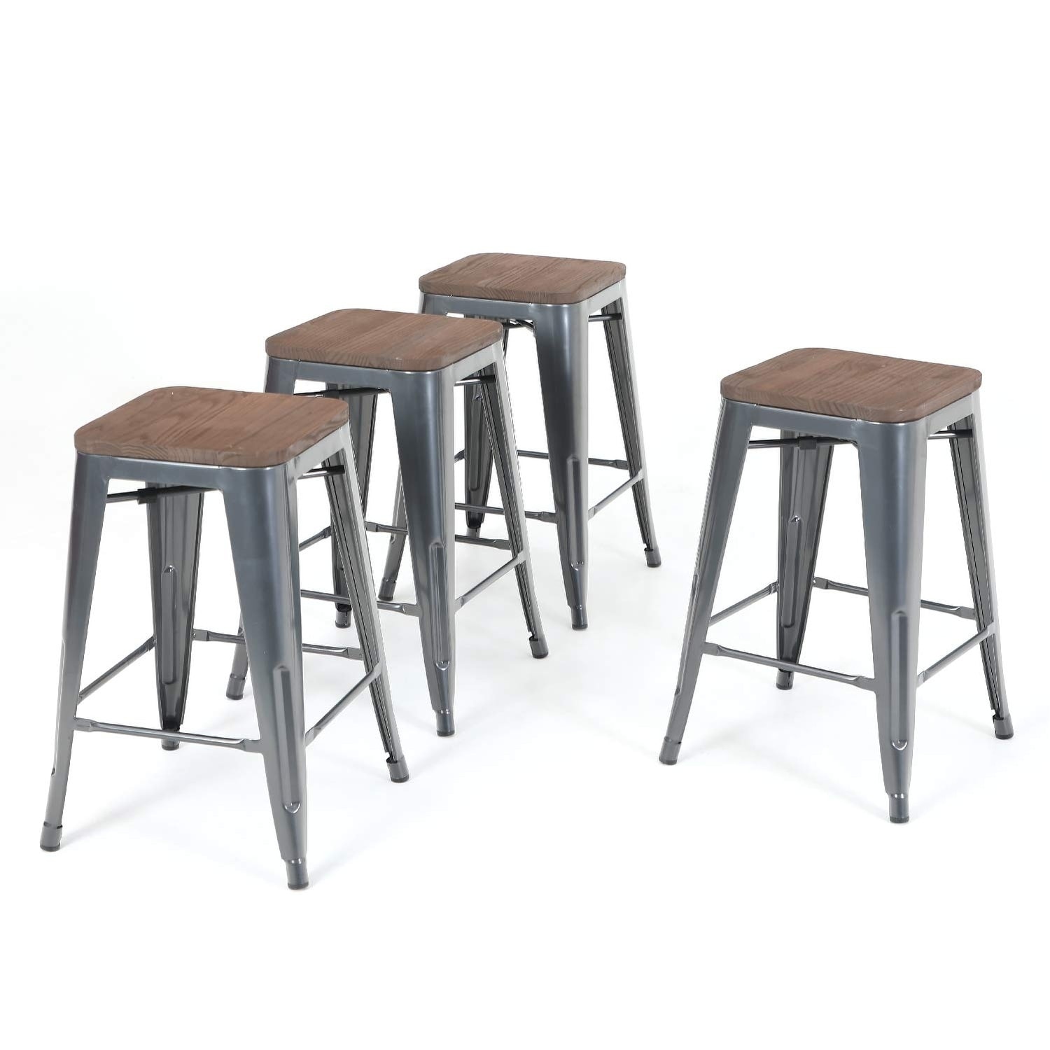 alpha home 24" barstools set of 4 counter height metal bar stools with wood  seat