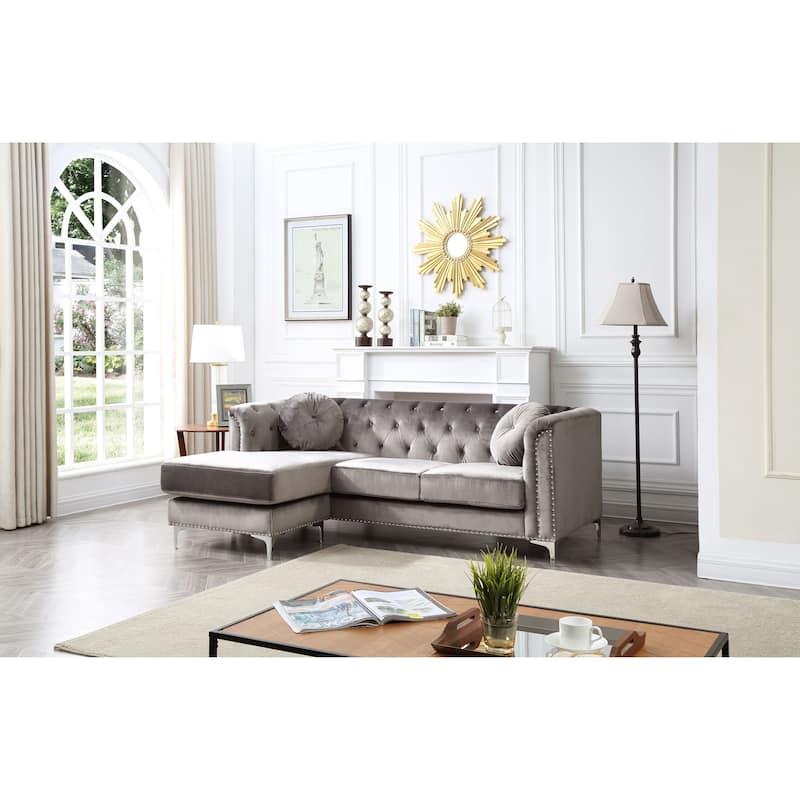 Pompano Velvet Button Tufted Sofa with Chaise - Grey