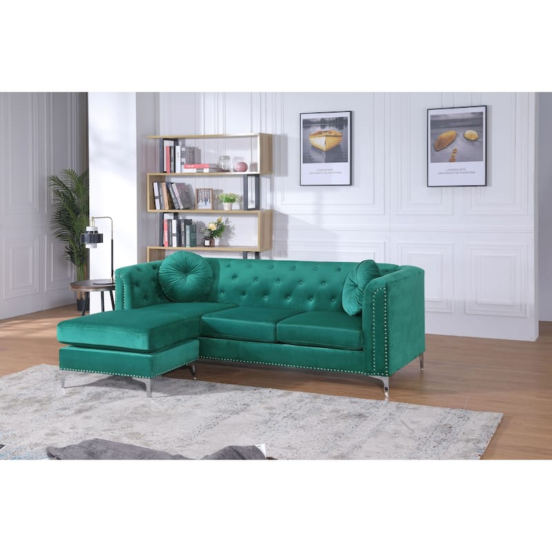 Pompano Velvet Button Tufted Sofa with Chaise - Green