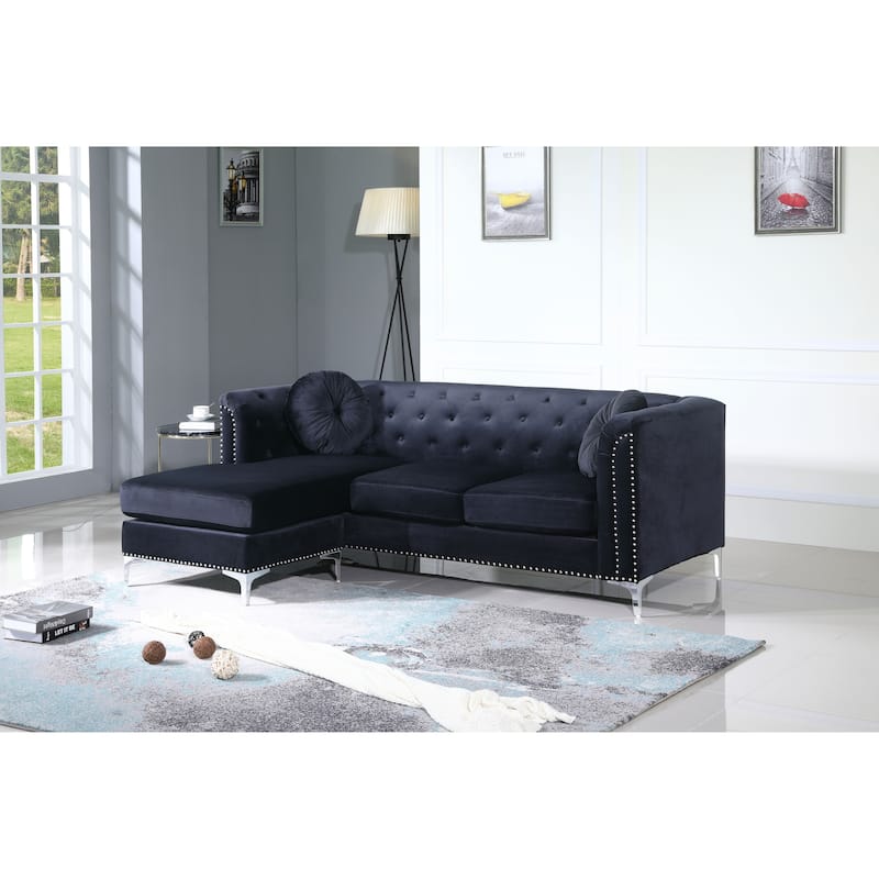 Pompano Velvet Button Tufted Sofa with Chaise - Black