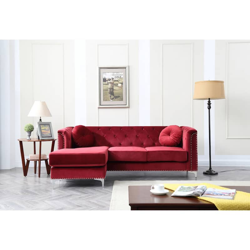 Pompano Velvet Button Tufted Sofa with Chaise - Burgundy