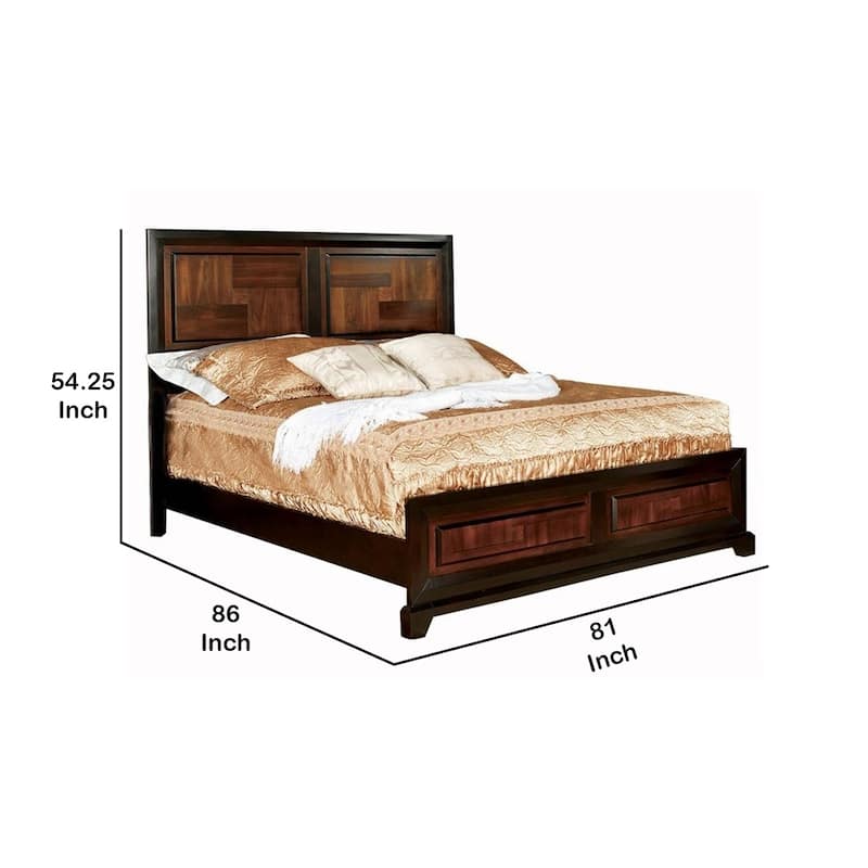 Transitional Style Eastern King Wooden Parquet Design Bed, Brown