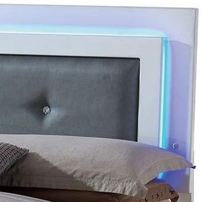 Wooden Eastern King Bed with Leatherette Headboard and LED trim, White