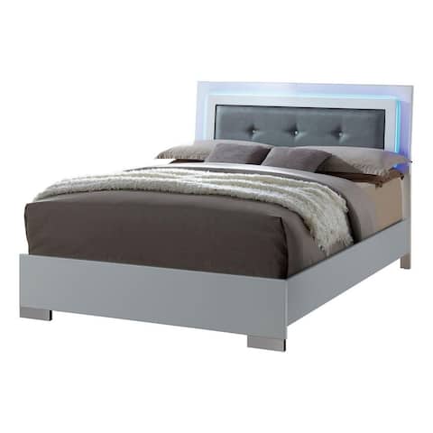 Wooden Eastern King Bed with Leatherette Headboard and LED trim, White