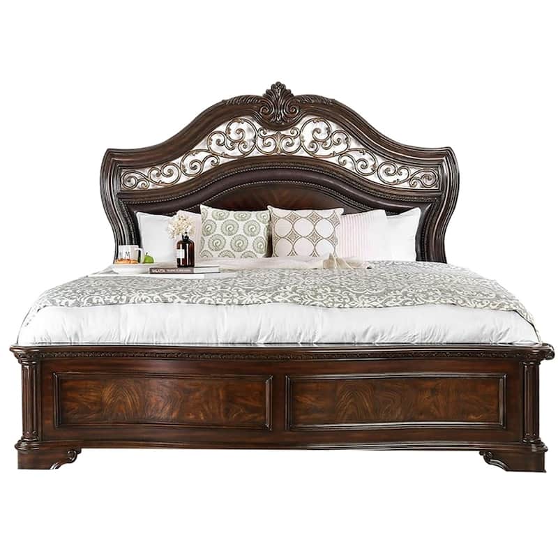 Eastern King Wooden Bed with Intricate Carved Headboard, Brown