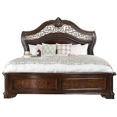 Eastern King Wooden Bed with Intricate Carved Headboard, Brown