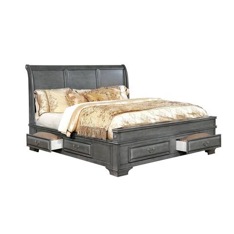 Transitional California King Wooden Bed with Multiple Bottom Drawers, Gray