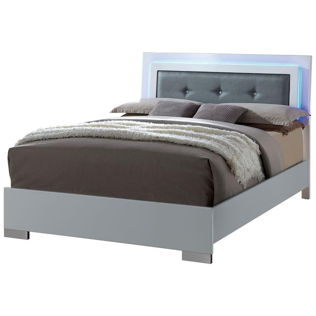 Wooden Queen Bed with Leatherette Headboard and LED trim, White