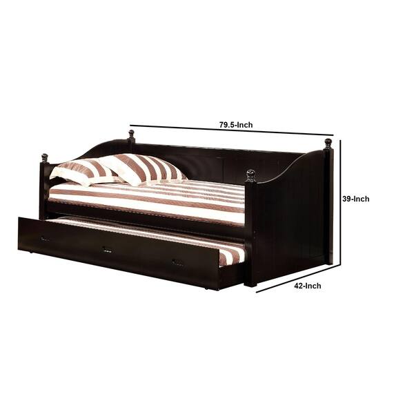 Wooden Daybed with Decorative Finials and Trundle, Black Bed Bath