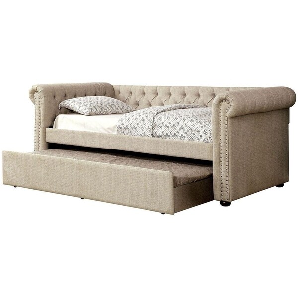 Fabric Upholstered Tuxedo Style Wooden Daybed with Twin Size Trundle ...