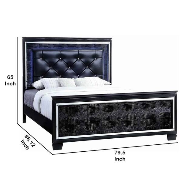 Textured Eastern King Size Bed with Silver Trim Accents, Black Bed