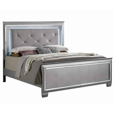 Textured Queen King Size Bed with Silver Trim Accents, Beige