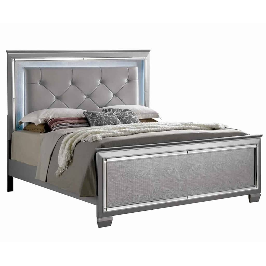 Textured Queen King Size Bed with Silver Trim Accents, Beige