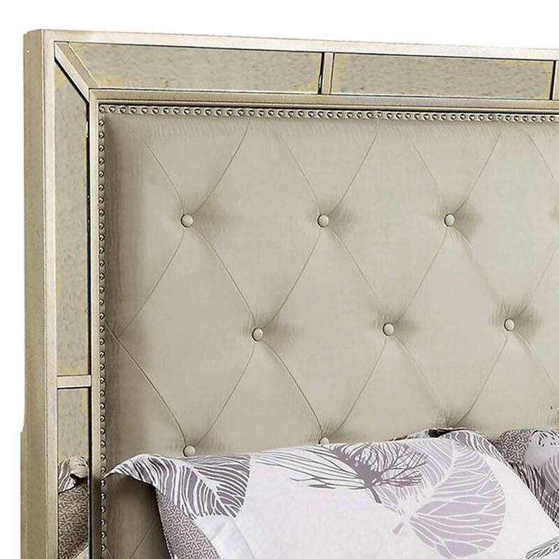 Transitional Style California King Wooden Bed with Mirror Details, Gold