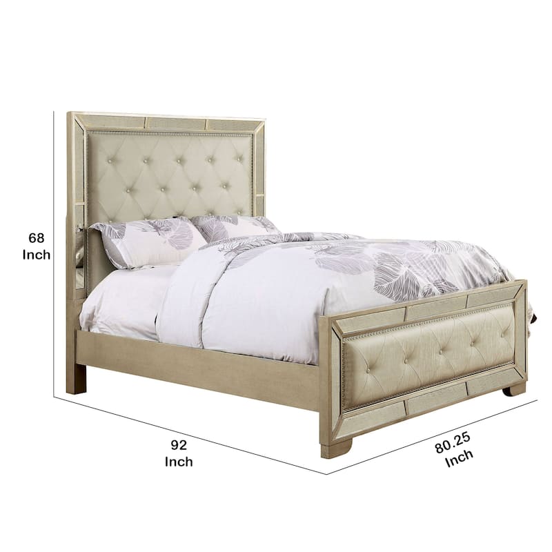 Transitional Style California King Wooden Bed with Mirror Details, Gold