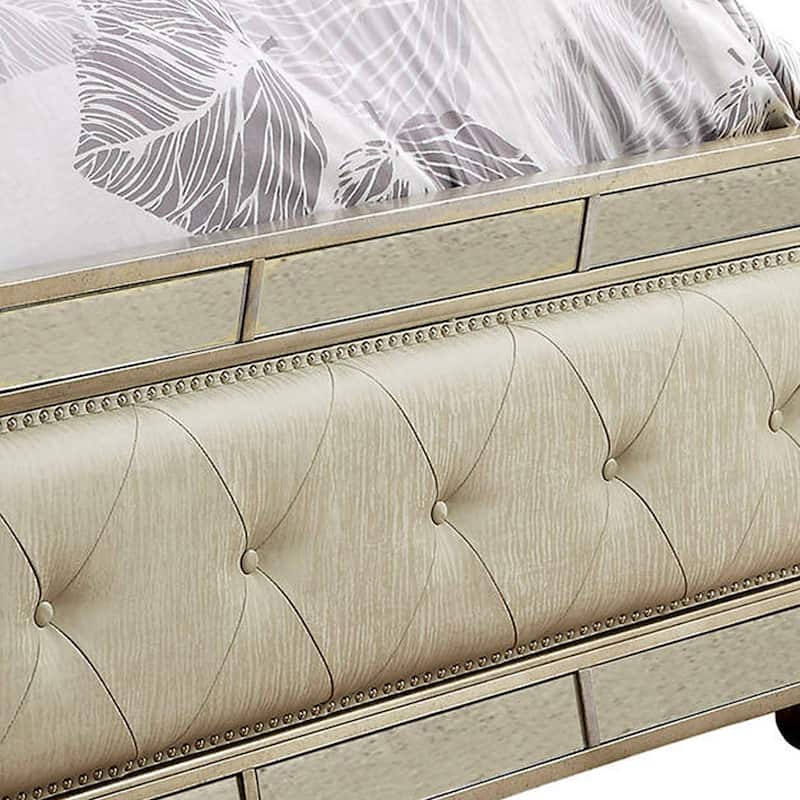 Transitional Style California King Wooden Bed with Mirror Details, Gold