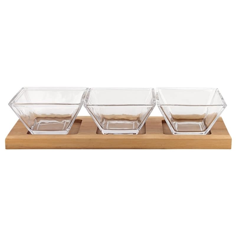 Hostess Set - 4 pc With 3 Glass Condiment on a Wood Tray