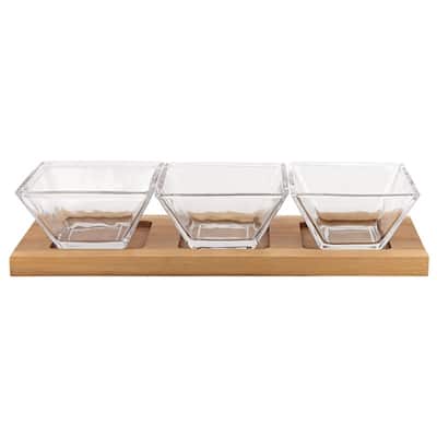 Hostess Set - 4 pc With 3 Glass Condiment on a Wood Tray