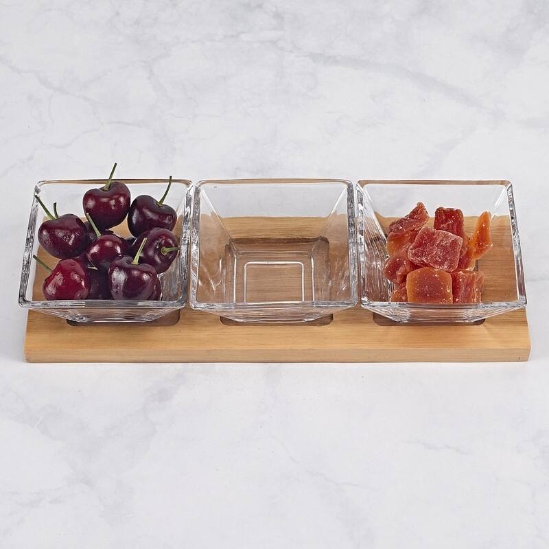 Hostess Set - 4 pc With 3 Glass Condiment on a Wood Tray