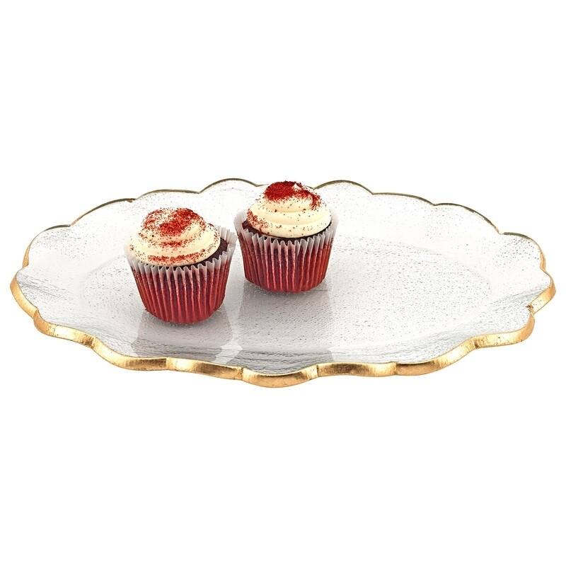 Hand Decorated Gold Leaf Scalloped Edge Oval Glass 14 x 10" Platter - 1 Piece - Clear