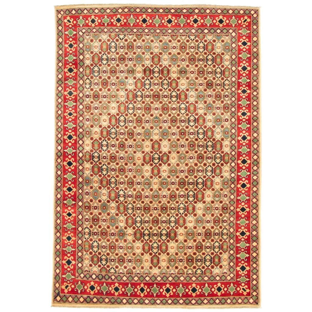 Hand-knotted Finest Gazni Ivory, Red Wool Rug - 6'7 x 9'6/6'7" x 9'6"