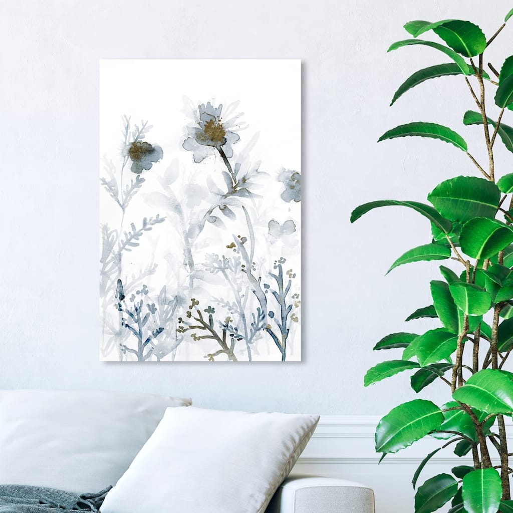 Wynwood Studio 'Faded Floral Splashes Gold' Floral and Botanical Wall Art Canvas Print - White, Gray