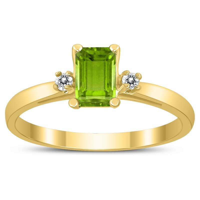 Emerald Cut 6X4MM Peridot and Diamond Three Stone Ring in 10K Yellow Gold