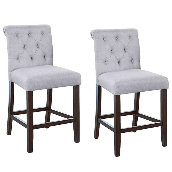 Button Tufted Fabric Upholstered Counter Chair, Set of 2, Brown and