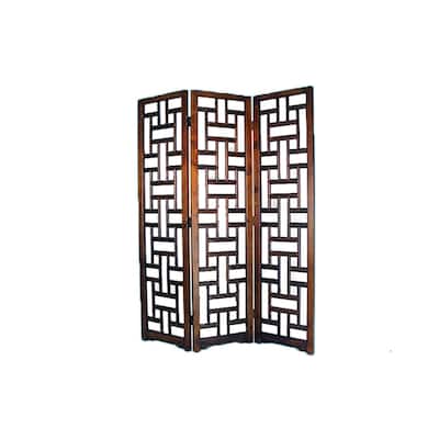 Wooden 3 Panel Room Divider with Cut Out Rectangle Pattern, Brown