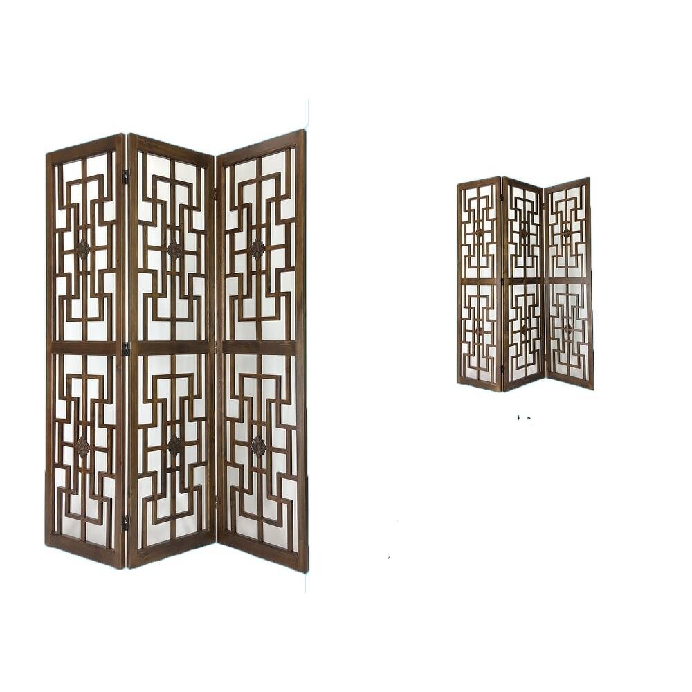 Wooden 3 Panel Room Divider with Intricate Square Design, Brown