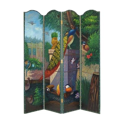 Leatherette Wooden 4 Panel Room Divider with Peacock Motif, Multicolor