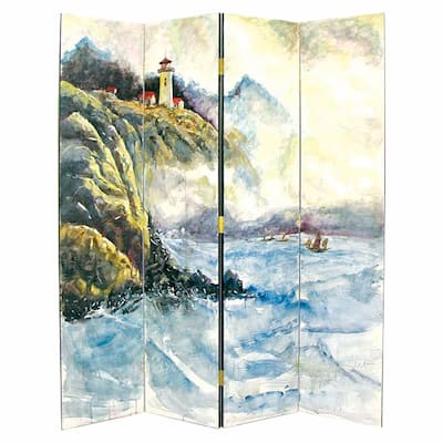 Wooden 4 Panel Room Divider with Landscape Scene, Multicolor