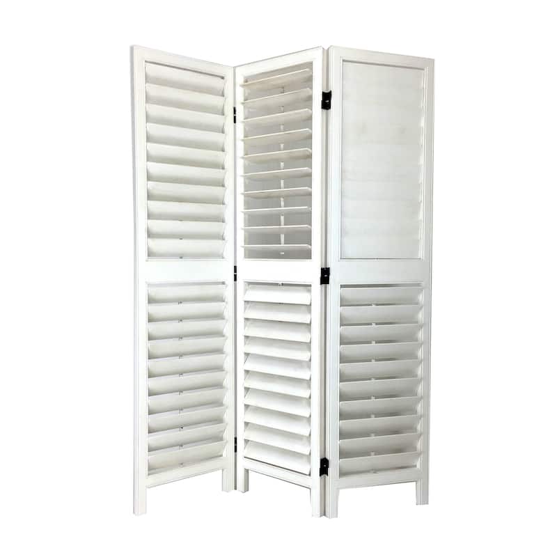 Wooden 3 Panel Room Divider with Slatted Design, White On Sale Bed