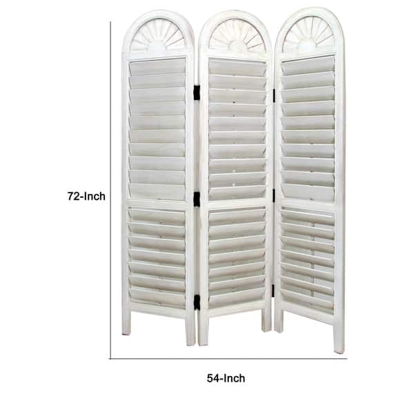 Wooden 3 Panel Room Divider with Slatted Shutter Design, White Bed