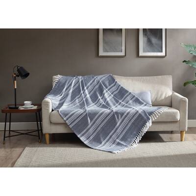Asher Home Cotton Blend Blue and White Striped Throw Blanket