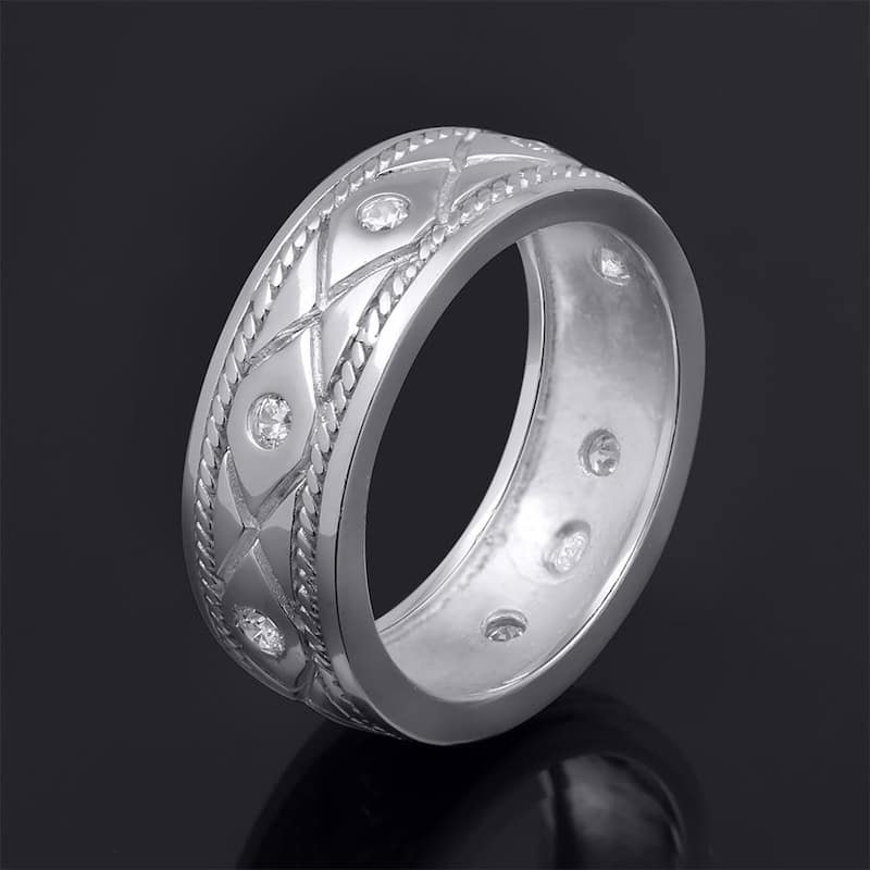 Mens Wedding Band Ring 1/4 Ct Cubic Zirconia Authentic Sterling Silver