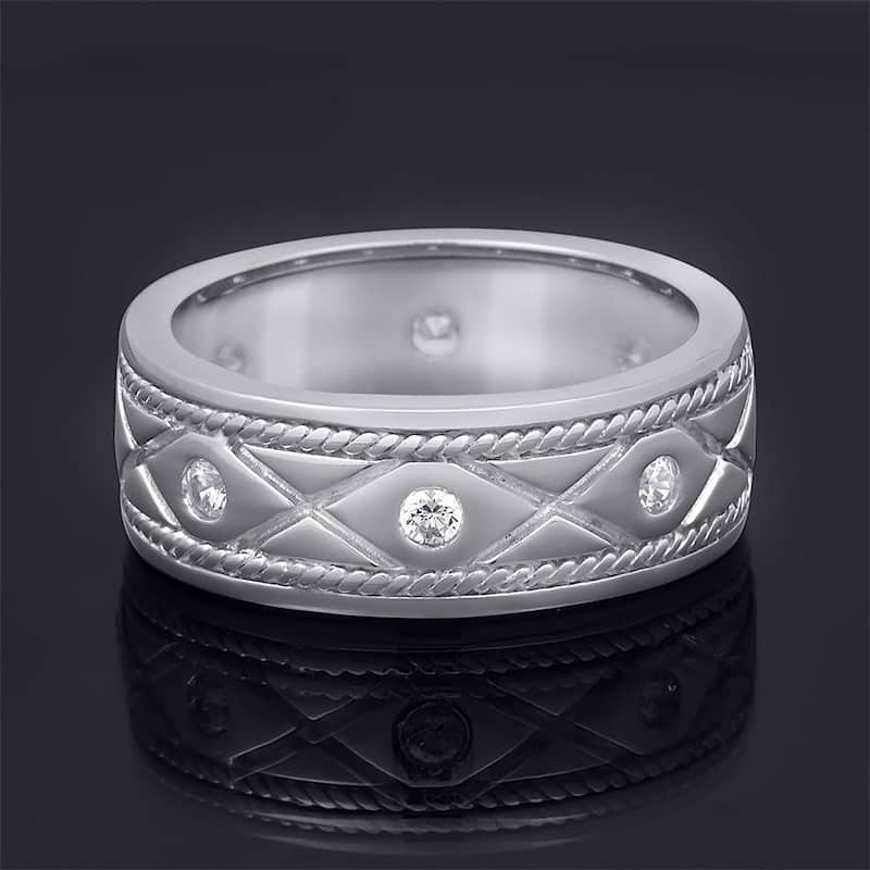 Mens Wedding Band Ring 1/4 Ct Cubic Zirconia Authentic Sterling Silver