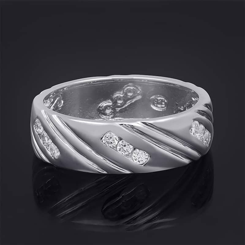 Mens 8mm 1/3 Carat Wedding Ring Slanted Row Authentic Sterling Silver