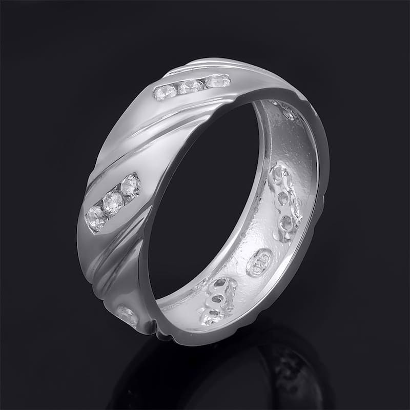 Mens 8mm 1/3 Carat Wedding Ring Slanted Row Authentic Sterling Silver