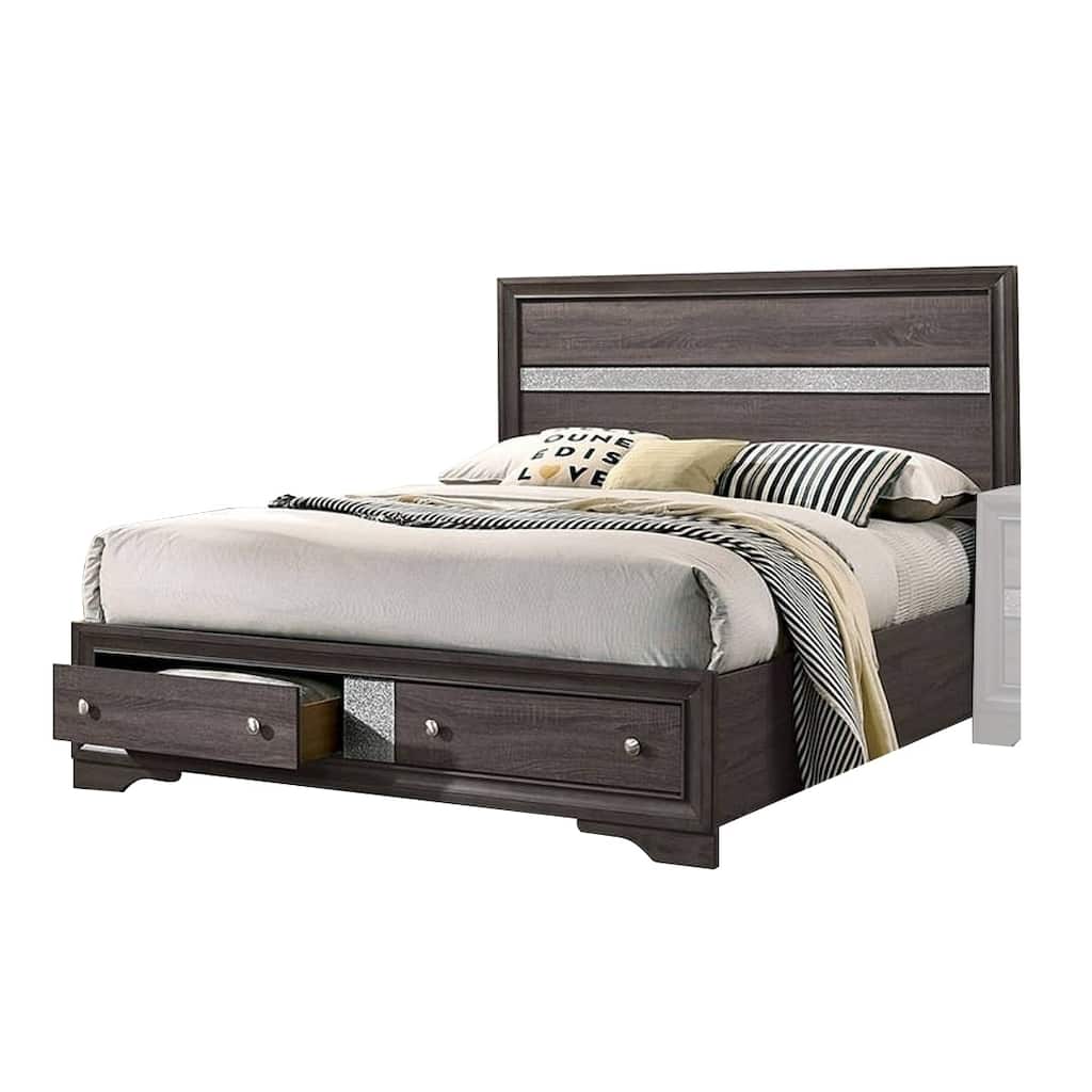 Panel Design Eastern King Bed with Silver Accents and Bracket Feet, Gray