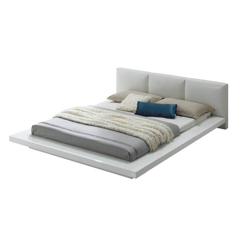 Platform Style Eastern King Size Bed with Leatherette Headboard, White