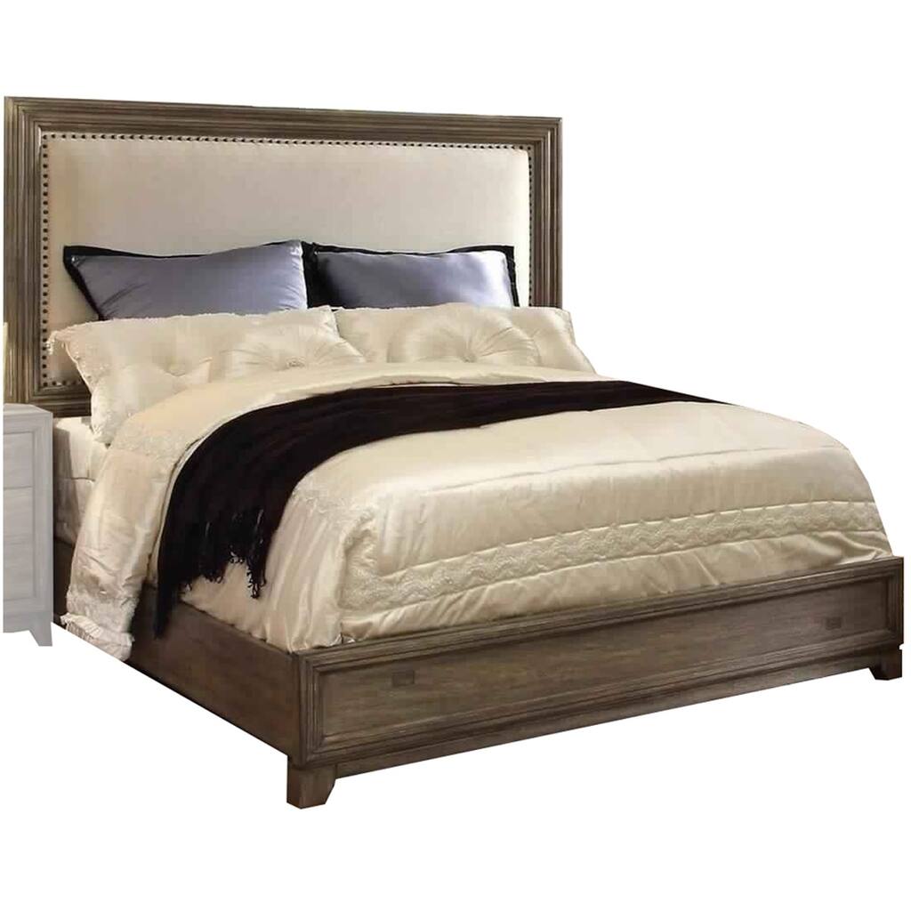 Nailhead Trim Eastern King Bed with Fabric Padded Headboard, Brown