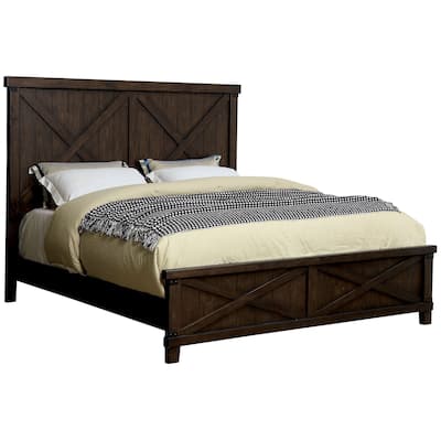 California King Bed with Plank Style X Shaped Details, Dark Brown