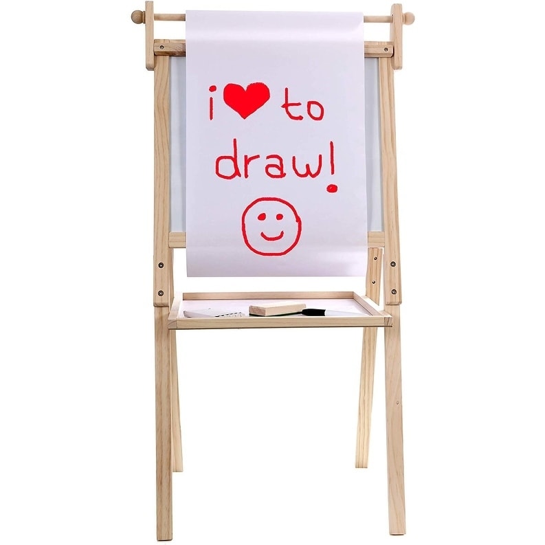 Kraftic Deluxe Standing Art Easel for Kids - Toddler Drawing Chalkboard,  Magnetic Whiteboard, Dry Erase Board, Paper Roll and Accessories