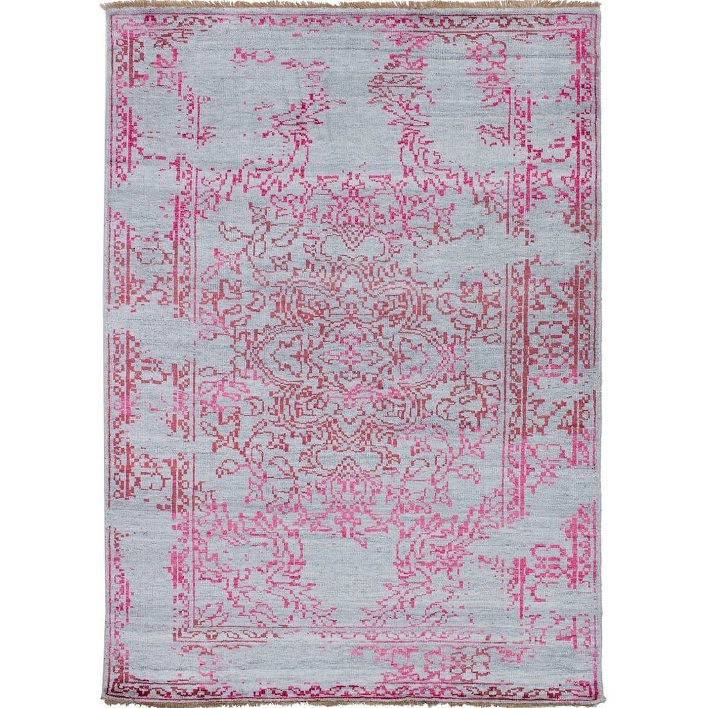 Hand-knotted Jules Ushak Pink, Grey Rug - 5'6" x 7'7"/5'6 x 7'7