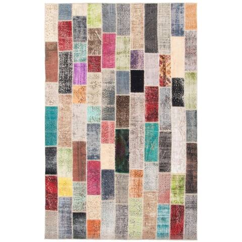 Hand-knotted Color Patchwork Multi Color Wool Rug