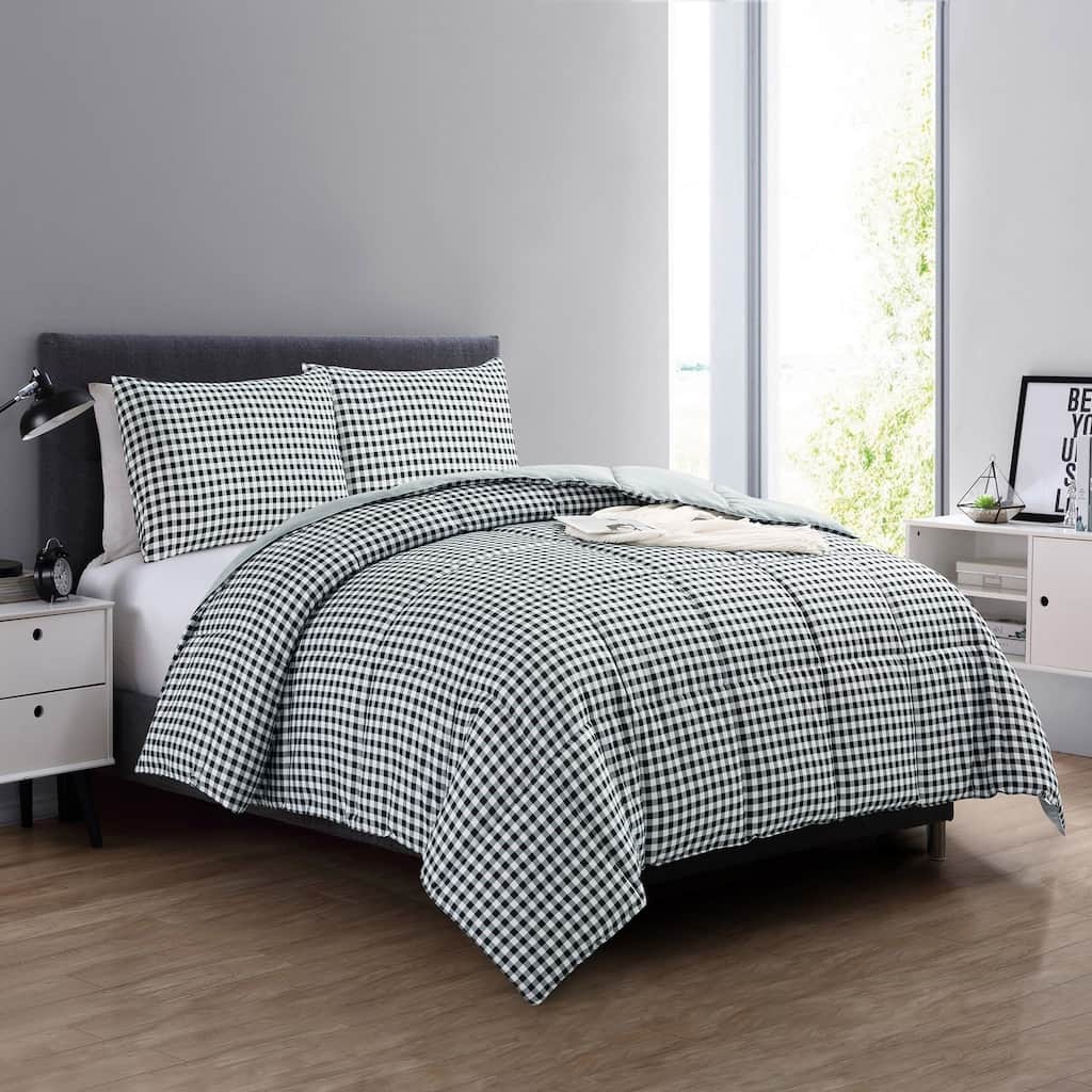 Year Round Reversible Red Plaid Print to Solid Black Down Alternative Comforter Set