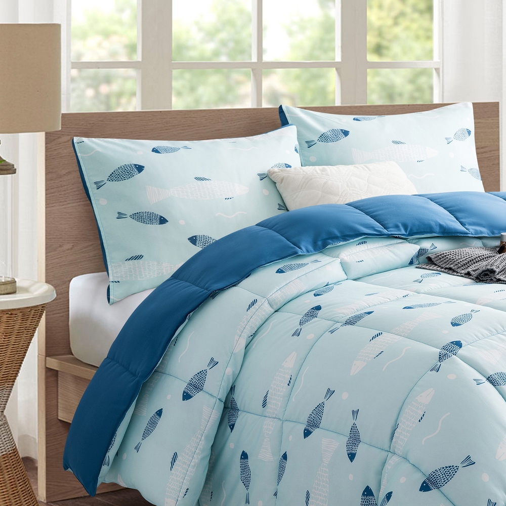 Year Round Reversible Fish Print to Solid Blue Down Alternative Comforter Set