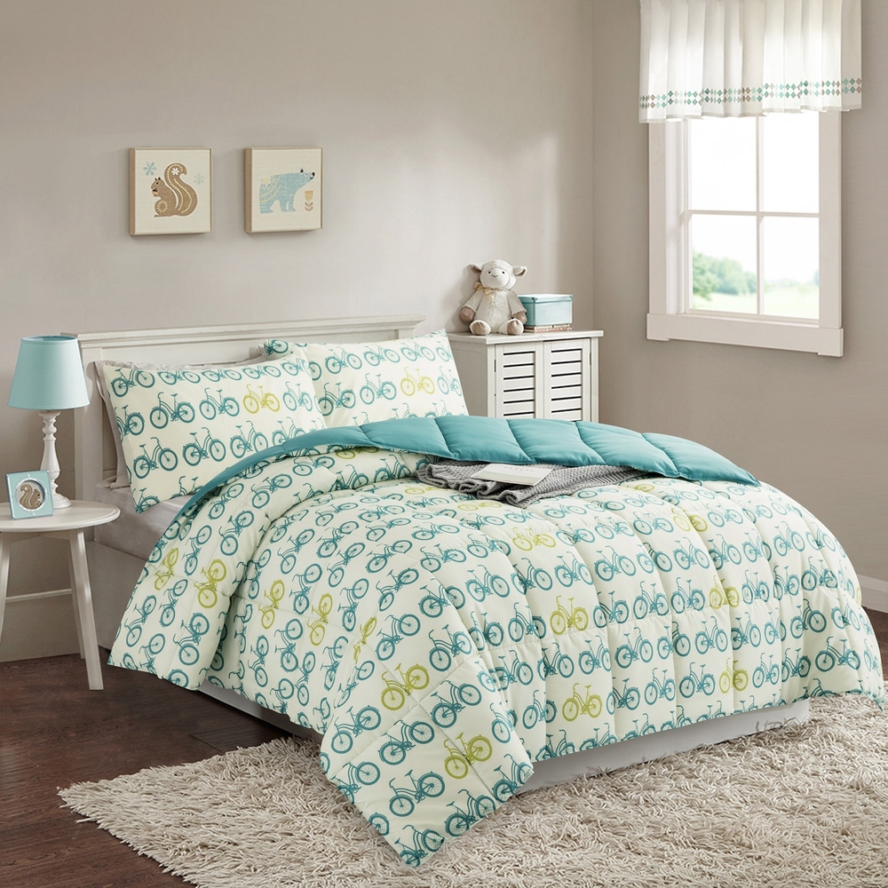 Year Round Reversible Bicycle Print to Solid Green Down Alternative Comforter Set